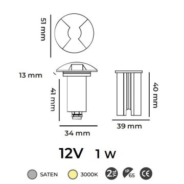 MOLLED MOL9026 12 Volt 1 Watt Saten Çerçeve Yere Gömme LED Armatür - Gün Işığı (3000K) - IP65