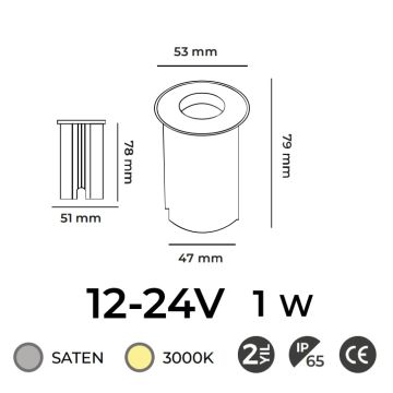 MOLLED MOL9028 12-24 Volt 1 Watt Saten Çerçeve Yere Gömme LED Armatür - Gün Işığı (3000K) - IP65