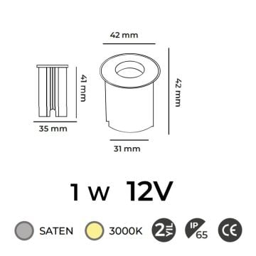 MOLLED MOL9023 12 Volt 1 Watt Saten Çerçeve Yere Gömme LED Armatür - Gün Işığı (3000K) - IP65