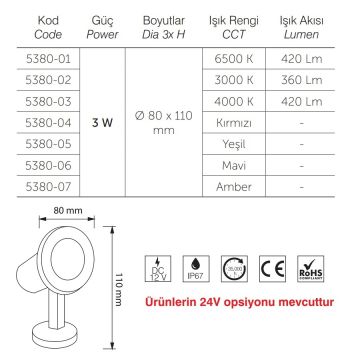 inoled 5380-07 3 Watt LED Bahçe Armatürü - Amber Işık