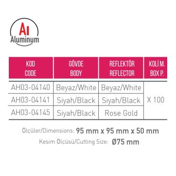ACK AH03-04145 Siyah-Rose Gold Sıva Altı Kare Spot Kasası - Metal