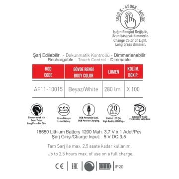 ACK AF11-10015 Dimli ve Dokunmatik Şarjlı LED Masa Lambası - 3 Işık Renkli (Beyaz + Ilık Beyaz + Gün Işığı)