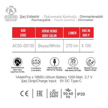 ACK AC05-00130 4 Watt 28 cm Dimli ve Dokunmatik Şarjlı Ayna Üstü LED Aplik - 3 Işık Renkli (Beyaz + Ilık Beyaz + Gün ışığı)