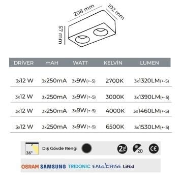 MOLLED MOL2425-B-27W 3x9 Watt Siyah-Beyaz Sıva Üstü İkili LED Spot (OSRAM/SAMSUNG LED & TRIDONIC/EAGLERICE/LIFUD Driver)