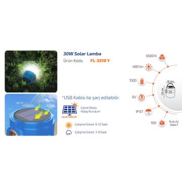 FORLIFE FL-3210 Y 30 Watt LED Solar Lamba - Beyaz Işık (6500K)