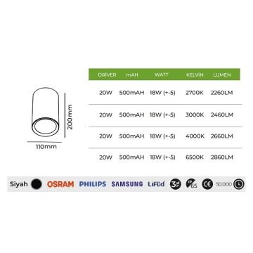 MOLLED MOL358 11x20 cm 20 Watt Antrasit Dış Mekan Sıva Üstü Silindir LED Spot - OSRAM/SAMSUNG LED & TRIDONIC/EAGLERICE/LIFUD Driver - IP54