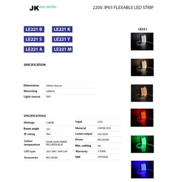 JUPITER LE221 B 220 Volt 7.5 Watt/Metre Dimlenebilir Dış Mekan Beyaz (6500K) Şerit LED [50 Metre]