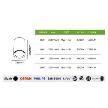 MOLLED MOL357 11x20 cm 12 Watt Siyah Dış Mekan Sıva Üstü Silindir LED Spot - OSRAM/SAMSUNG LED & TRIDONIC/EAGLERICE/LIFUD Driver - IP54