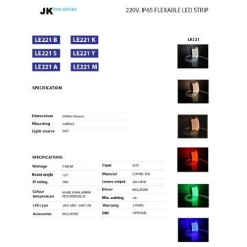 JUPITER LE221 S 220 Volt 7.5 Watt/Metre Dimlenebilir Dış Mekan Gün Işığı (3000K) Şerit LED [50 Metre]
