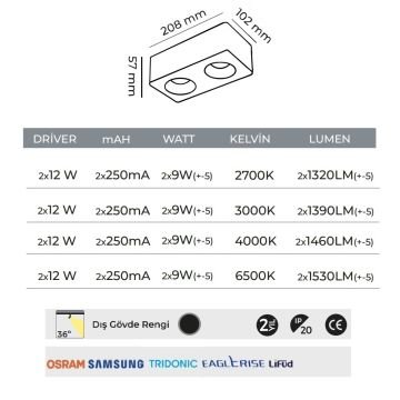 MOLLED MOL2423 2x10 Watt Siyah-Platin Sıva Üstü İkili LED Spot (SAMSUNG/PHILIPS LED & EAGLERISE/LIFUD Driver)