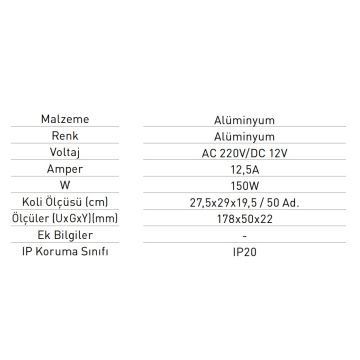 JUPITER LK915 12 Volt 12.5 Amper 150 Watt Ultra Slim LED Trafosu