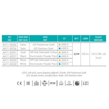 ACK AH11-00231 Çift Prizli Siyah Kasa Tezgah Altı LED Armatür - Beyaz Işık (6500K)