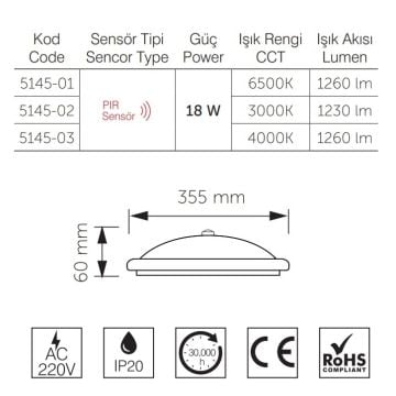 inoled 5145-03 18 Watt Sensörlü LED Tavan Armatürü - Ilık Beyaz (6500K)