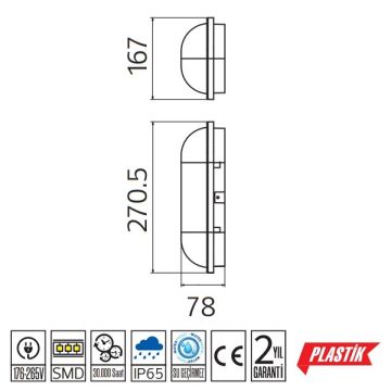 HOROZ 400-012-126 AYDOS 20 Watt Siyah Dış Mekan LED Glop Aplik (Plastik Kasa)