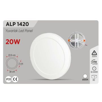 YCL ALP 1420 20 Watt Sıva Altı Ayarlanabilir Yuvarlak LED Panel - Beyaz Işık (6500K)