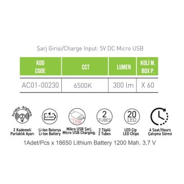 ACK AC01-00230 Şarjlı Çift Kademeli Işıldak