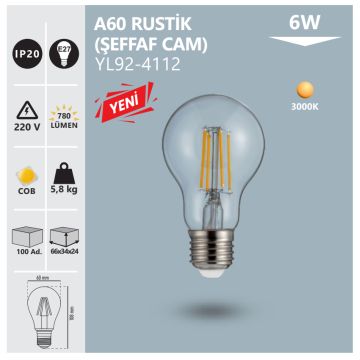 NOAS YL92-4112 6 Watt Şeffaf Camlı Rustik LED Ampul - Gün Işığı (3000K)