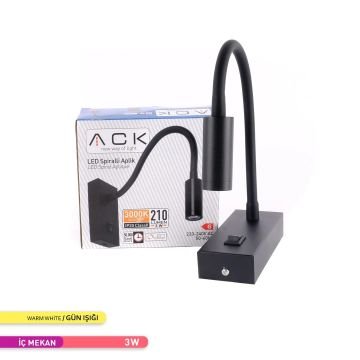 ACK AH09-00301 3 Watt Siyah LED Okuma Apliği - Gün Işığı (3000K)