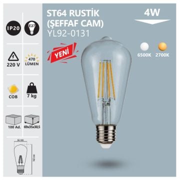 NOAS YL92-0131 4 Watt Şeffaf Camlı LED Rustik Armut Ampul