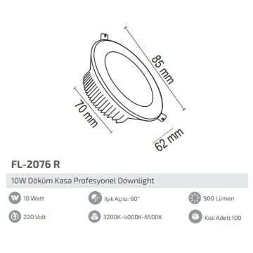 FORLIFE FL-2076 R 10 Watt Siyah-Parlak Rose Sıva Altı LED Downlight Armatür - Metal Gövde