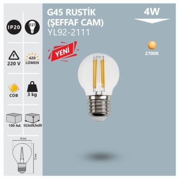 NOAS YL92-2111 4 Watt Şeffaf Camlı G45 Rustik LED Ampul - Sarı Işık (2700K)