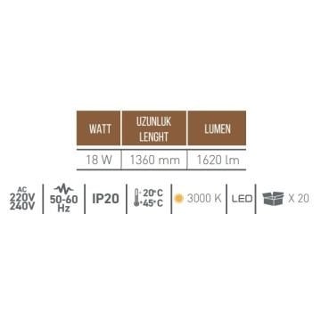 CreaLight AH07-09401 2x9 Watt 136 cm Siyah Çubuk LED Aplik - Gün Işığı (3000K)