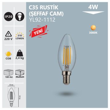 NOAS YL92-1112 4 Watt Şeffaf Camlı LED Rustik Mum Ampul - Gün Işığı (3000K)