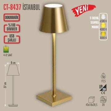 CATA CT-8437 İstanbul Şarjlı, Dimlli, Dokunmatik LED Masa Lambası - 3 Işık Renkli (Beyaz + Ilık Beyaz + Gün Işığı)