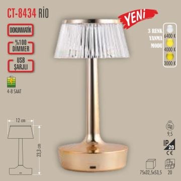 CATA CT-8434 Rio Şarjlı, Dimlli, Dokunmatik LED Masa Lambası - 3 Işık Renkli (Beyaz + Ilık Beyaz + Gün Işığı)