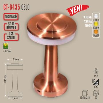 CATA CT-8435 Oslo Şarjlı, Dimlli, Dokunmatik LED Masa Lambası - 3 Işık Renkli (Beyaz + Ilık Beyaz + Gün Işığı)