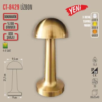 CATA CT-8429 Lizbon Şarjlı, Dimlli, Dokunmatik LED Masa Lambası - 3 Işık Renkli (Beyaz + Ilık Beyaz + Gün Işığı)