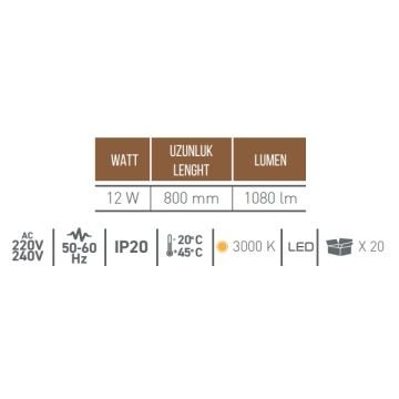 CreaLight AH07-09205 12 Watt 80 cm Krom Çubuk LED Aplik - Gün Işığı (3000K)