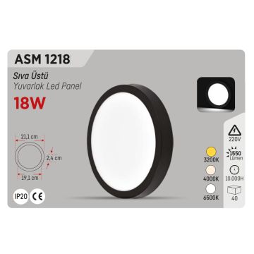 YCL ASM 1218 18 Watt Siyah Kasa Sıva Üstü Yuvarlak LED Panel
