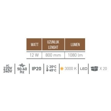 ACK AH07-09005 12 Watt 80 cm Krom Çubuk LED Aplik - Gün Işığı (3000K)