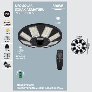 NOAS YL73-0800-S 800 Watt Solar Sokak Armatürü - Beyaz Işık (6500K)