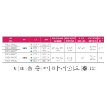 ACK AD36-01330 30 Watt Salyangoz LED Spot - OSRAM LED & OSRAM Driver - Beyaz Işık (6500K)