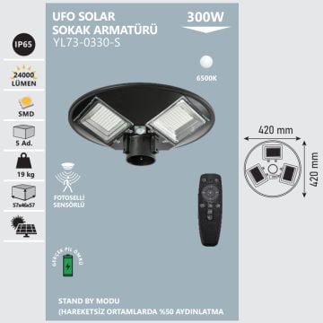 NOAS YL73-0330-S 300 Watt Solar Sokak Armatürü - Beyaz Işık (6500K)