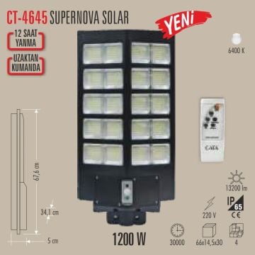 CATA CT-4645 1200 Watt Solar Sokak Armatürü - Beyaz Işık (6400K)