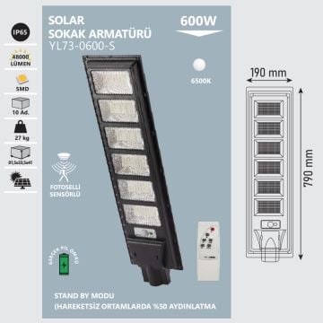 NOAS YL73-0600-S 600 Watt Solar Sokak Armatürü - Beyaz Işık (6500K)