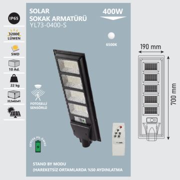 NOAS YL73-0400-S 400 Watt Solar Sokak Armatürü - Beyaz Işık (6500K)