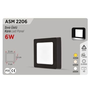 YCL ASM 2206 6 Watt Siyah Kasa Sıva Üstü Kare LED Panel