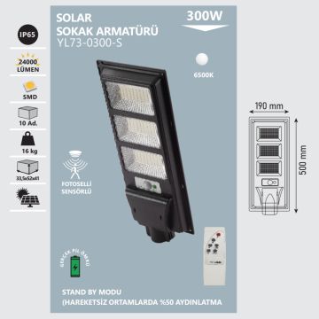 NOAS YL73-0300-S 300 Watt Solar Sokak Armatürü - Beyaz Işık (6500K)