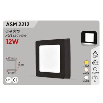 YCL ASM 2212 12 Watt Siyah Kasa Sıva Üstü Kare LED Panel