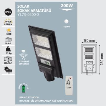 NOAS YL73-0200-S 200 Watt Solar Sokak Armatürü - Beyaz Işık (6500K)