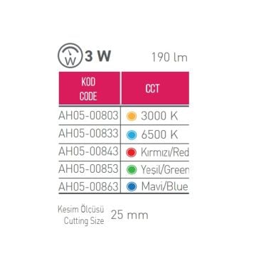 ACK AH05-00863 3 Watt Mini LED Kristal Spot - Mavi Işık