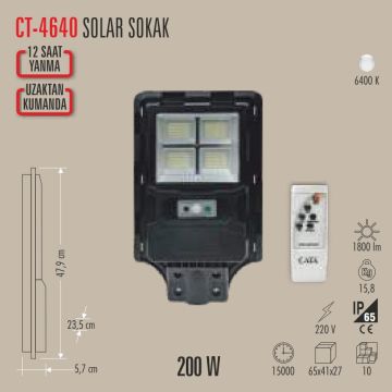 CATA CT-4640 200 Watt Solar Sokak Armatürü - Beyaz Işık (6400K)
