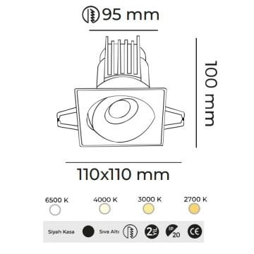 MOLLED MOL6107M Dali Dimli 12 Watt Siyah Kasa Sıva Altı Kare LED Spot