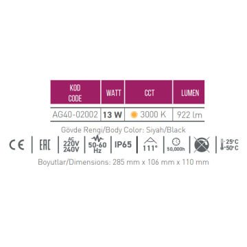 ACK AG40-02002 13 Watt Siyah Dış Mekan LED Aplik - OSRAM LED - Gün Işığı (3000K) - IP65 - Metal Gövde