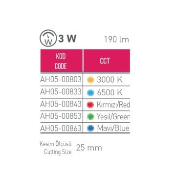 ACK AH05-00843 3 Watt Mini Kristal LED Spot - Kırmızı Işık