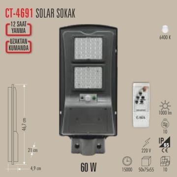 CATA CT-4691 60 Watt Solar Sokak Armatürü - Beyaz Işık (6400K)